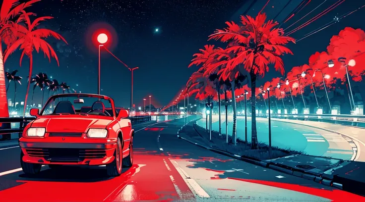 (cyberpunk road by the sea, red glowing road, starry sky, big moon, palm trees), (classic convertible car), (low contrast, flat color, limited palette)