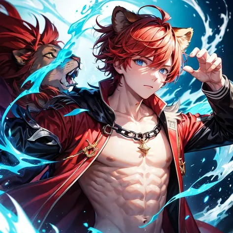 1boy, young, lion ears, red hair, blue fire