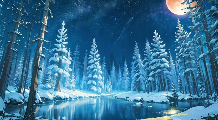 mystical forest, starry sky, big moon, brook, clear water, beautiful scenery