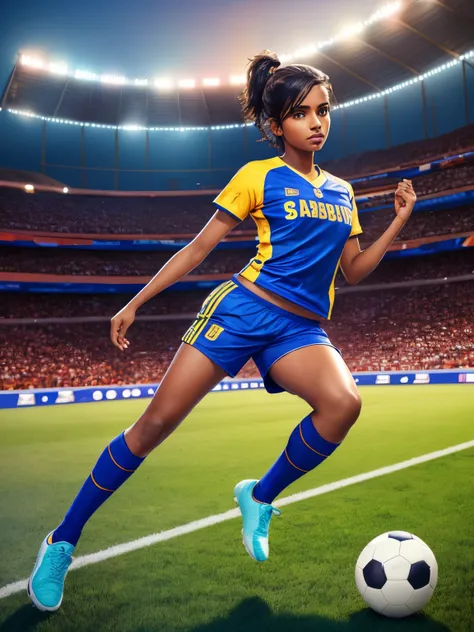 night scenario, 20 year old Tamil girl, jump and kick the football in the field, high detailed beautiful gorgeous face, eyes symmetry, face symmetry, 36D, sweat on her face and body, glowing skin, (expressing determination), (round deep navel), watched by ...