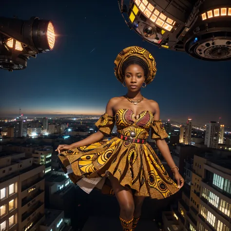 A unique fisheye lens 2.0 view of an African woman dressed in vibrant African-inspired clothes, shes floating high up in the sky above the city and sky scrapers, city lights beneath her feet, shes surrounded by floating drone cameras flashing lights on her...