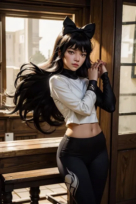 masterpiece, best quality:1.2), cowboy shot, solo, 1girl, blake belladonna, expressionless, closed mouth, looking at viewer, black hair bow, white shirt, detached sleeve, yoga pants