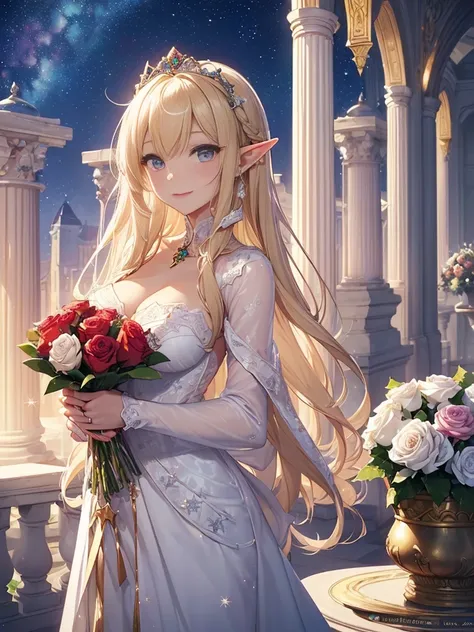 top-quality、Top image quality、​masterpiece、Super beautiful elf beauty((24 year old、Best Bust、big bast、Bust 90,beautiful blue long ironed hair、a blond、A sexy、A slender、a closeup、Esbian、beautiful tiara、hiquality、Beautiful Art、Background with((starrysky)))mas...