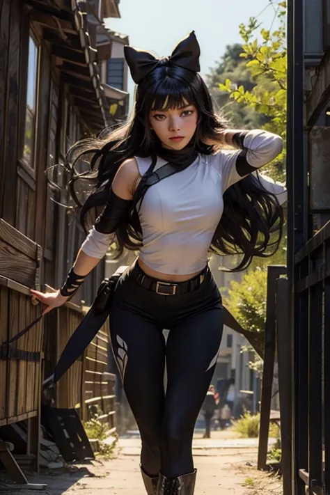 masterpiece, best quality:1.2), cowboy shot, solo, 1girl, blake belladonna, expressionless, closed mouth, looking at viewer, black hair bow, white shirt, detached sleeve, yoga pants, boots