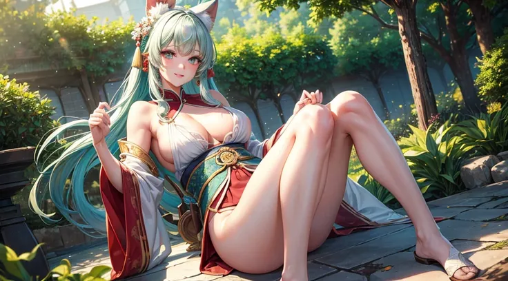 hanfu, (ru_qun), tree, pool, white hair, green eyes, nahida_genshin, masterpiece, best quality(masterpiece, best)), (1girl), (mature woman), green hair, open-chest seduction, flared, (kemonomimi lady), bangs, medium breasts, (full), slim, smile, [wide hips...