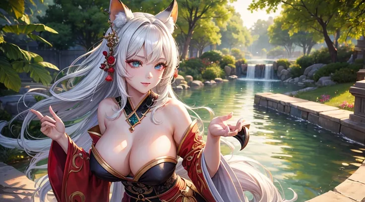 Ultimate Demon Queen, hanfu, (ru_qun), tree, pool, white hair, green eyes, nahida_genshin, masterpiece, best quality, (masterpiece, best)), (1girl), (mature woman), green hair, open-chest seduction, flared, (kemonomimi lady), bangs, medium breasts, (full),...