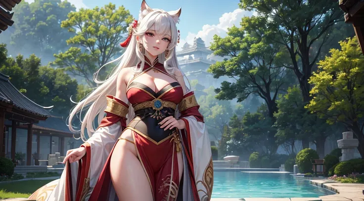 Ultimate Demon Queen, hanfu, (ru_qun), tree, pool, white hair, green eyes, nahida_genshin, masterpiece, best quality, (masterpiece, best)), (1girl), (mature woman), green hair, open-chest seduction, flared, (kemonomimi lady), bangs, medium breasts, (full),...