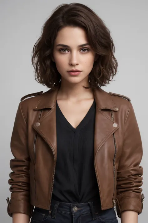 Breathtaking cinematic photo of a 30 year old girl with brown hair and eyes, serious face (leather jacket, black clothes, black dress shirt, shirt, jeans) beautiful lips, intricate details, shallow depth of field, Hollywood film highly detailed, high budge...