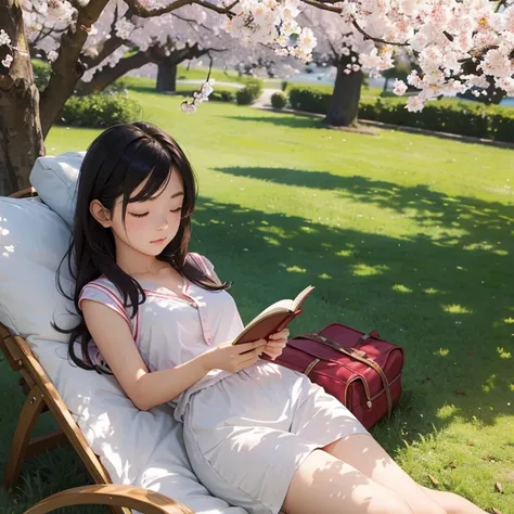 a female sleeping peacefully under a cherry tree with a book in her hands