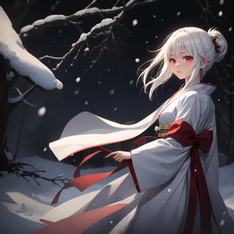 White hair, red eyes, girl, Alone, Alone, 1个Giant Breast Girl, snow woman, Kimono with white, snow mountains