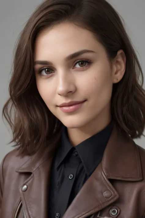 breathtaking cinematic photo of a 30 year old girl with brown hair and eyes, happy face, smile, cheerful, content, beautiful tee...