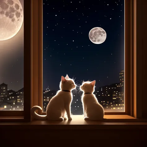 Two cute cats munchkins are kissing on the windowsill。The background is the moon。hight resolution。