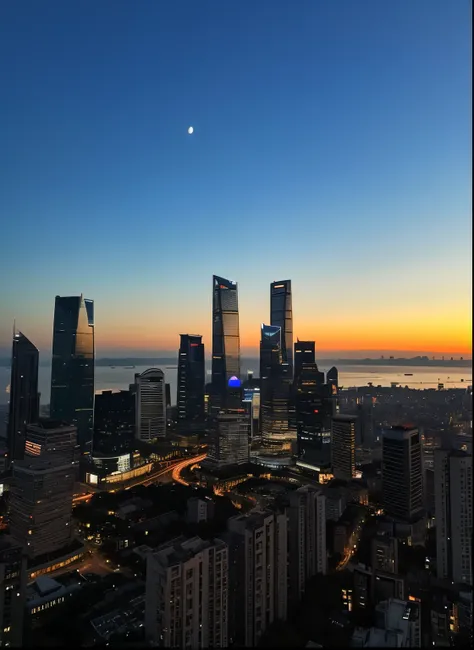 at dusk at golden hour，Franco-German view of the city with moon in the sky, shenzhen, beautiful cityscape, city sunset night, Shot using iphone 1 ro max, skyline showing, City view at sunset, at sunrise, shanghai, City sunset, wide wide shot, photography t...