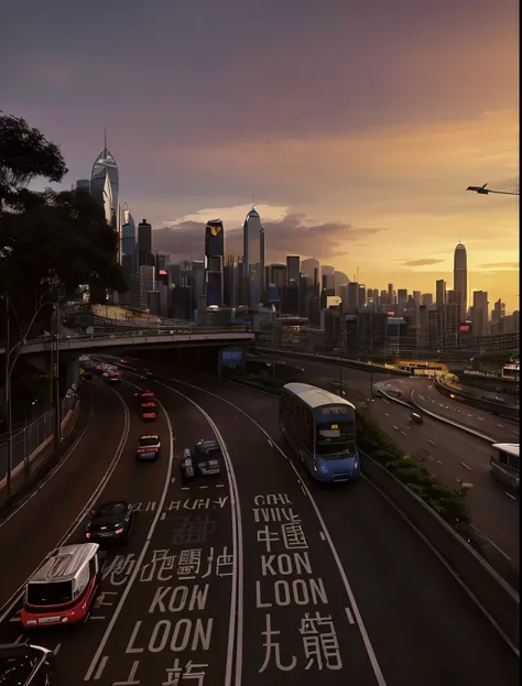 Cars and buses drive along the highway，The background is the city skyline, a still of kowloon, cities like this, , Patrick Cheng, of streets, Show on the, of streets, kowloon, post-processed, Hyperrealistic matte painting, timelapse in game, realistic matt...