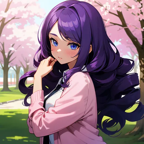 A beautiful woman with long wavy violet hair, drill curls, side swept bangs, blue eyes, light tanned skin, blank expression, slight blush, wearing a white long sleeve shirt, plain black necktie, and pink cardigan, at  the park, surrounded by cherry blossom...