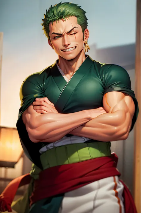 (masterpiece, best quality:1.2), cowboy shot, solo, male focus, 1boy, roronoa zoro, scar, muscular male, grin, looking at viewer, one eye closed, scar across eye, crossed arms, japanese clothes, green kimono