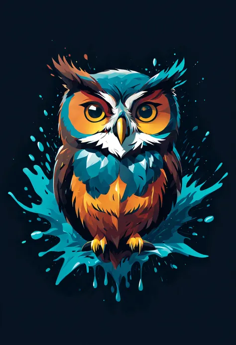 a vector digital art t-shirt design of an owl in splash art style on a  single color square background