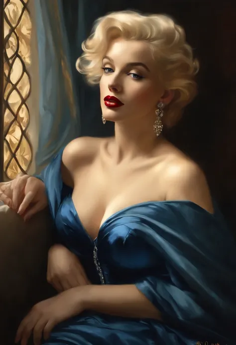 Painting of a beautiful and sexy woman, with long hair, falling over her shoulders and a sapphire blue dress, ((French courtesan, Marilyn Monroe style)), wearing a low-cut and embroidered black corset, in the background Paris brothel, art style by Bowater,...