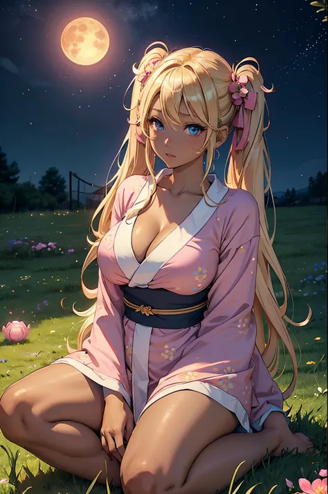 Female gyaru, twintails Blonde hair, Blue eyes, dark brown skin, large breasts, thick hips, wearing a pink kimono, sitting down in a field of grass with her hands raised upwards as a light lantern floats into the air with the night sky and full moon in the...