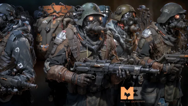 blurred image of a group of soldiers with gas masks and weapons, Helghast, menacingly. irreal 5, Dieselpunk Grimcore Machine Black, 3 d octano render conceptart, daniel maidman octane rendering, high octane render, marmoset toolbag render, 8k octane 3d ren...