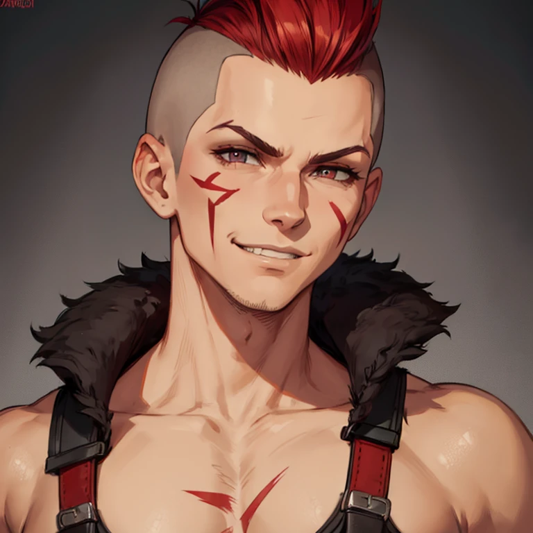 smirk,extra short hair, {{mohawk hair, shaved sidelocks, shaved side section hair, shaved nape section hair, undercut hair}}, red hair,fur,1male,solo, focus, {{bald}},skin head,evil smile,coat,chiaroscuro,grey background,facepaint,pupil dilation,