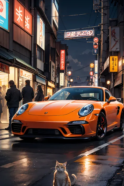 fast and furious with cats, cars and cats, streets of tokyo japan, image of porsche 911 on the street, brown tabby cats sitting around the car looking at viewer, highly detailed cats, correct proportions, night time, street lights, convenience store in bac...