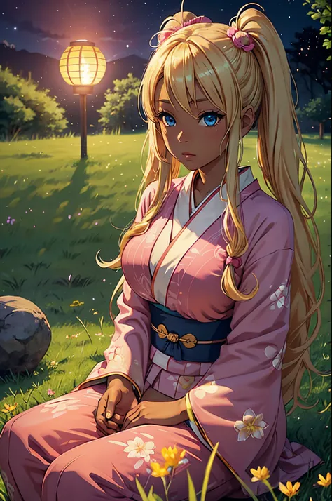 Female gyaru, twintails Blonde hair, Blue eyes, dark brown skin, large breasts, thick hips, wearing a pink kimono, sitting down in a field of grass with her hands raised upwards as a light lantern floats into the air with the night sky and full moon in the...