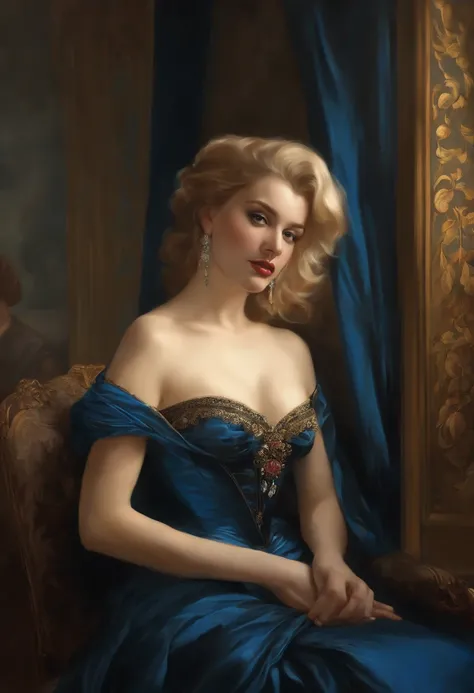 Painting of a beautiful and sexy woman, with long hair, falling over her shoulders and a sapphire blue dress, ((French courtesan, from the Victorian Era, Marilyn Monroe style)), wearing a low-cut and embroidered black corset, in the background of a Paris b...