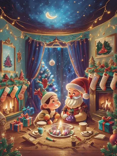 (Best quality, 8K, A high resolution, tmasterpiece:1.2), ultra - detailed, (actual, realistically:1.37), Vibrant colors, Magical atmosphere, Whimsical, ((sky full of stars，The North Star shines))，(((Use an illustration style), The room is decorated with a ...