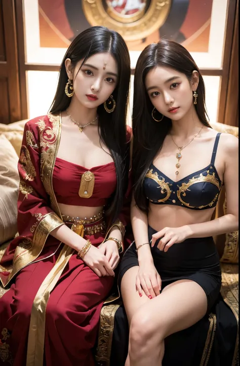 two girls anime who are a devotee of krishna, rich deep color, Masterpiece, Sharp focus, Ultra detailed, astrophotography,Ray tracing,,Elegant Pose,xxmix girl woman,(Urzang-6500-V1.ureFace_V1,rendering by octane)