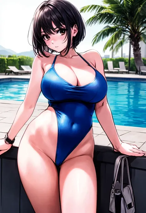 A beautiful woman with big breasts and beautiful legs, her hair cut short and her hair slightly spread out at the back, is standing by the pool outside the school in a blue high-leg swimsuit, looking at the man taking her photo with an irritated expression...