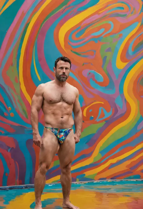 A Photograph capturing a surrealist vision: ben affleck in wet speedo, amidst a swirling color palette, poses outside gallery , posing with the dreamlike surroundings. --ar 16:9