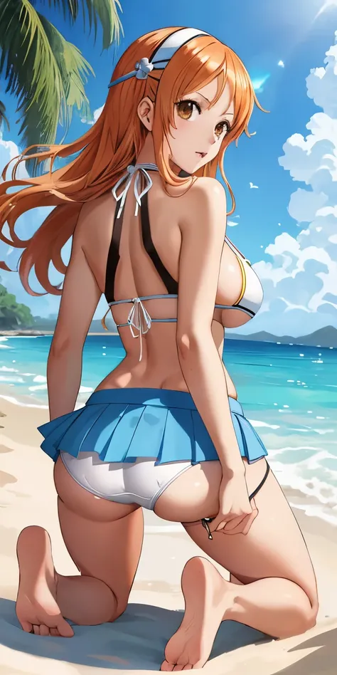 An arafe woman wearing a bikini top and super miniskirt and holding a sword, Get on all fours with your hands、White panties are fully visible、Angle seen from behind while crawling on all fours on the bank、White shorts visible under the miniskirt、nami one p...