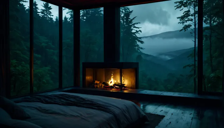 bedroom view with fire in the fireplace in the room, large windows overlooking the forest, quiet night. original image, rainy da...