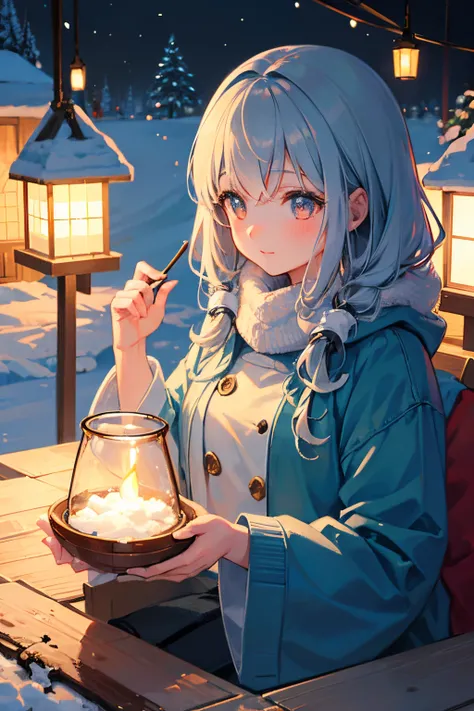 Illustration of a girl enjoying mochi and cocoa inside a snow-made igloo. The scene is lit by nostalgic lanterns, creating an overall nostalgic and finely detailed atmosphere. Aspiring to be a high-quality masterpiece, aiming for the best possible result u...