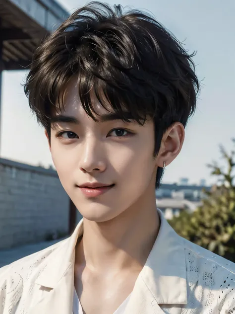 (photorealistic, masterpiece, 8K HD, good lighting quality, portrait, closing up on face, intricate details), a handsome young korean man, 20 years old, cute, happy, smiling brightly, white teeth, friendly, charming, detailed face, detailed eyes, looking a...