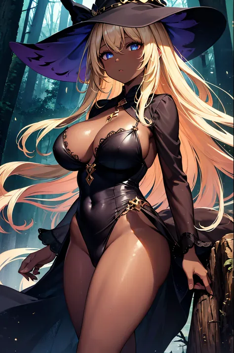 (Masterpiece, Best quality, ultra high resolution),1girl, dark brown skin, blonde hair, large breasts and thick hips, witch outfit, witch hat, beautiful and detailed face, detailed eyes, in a dark forest at night time, glowing hair