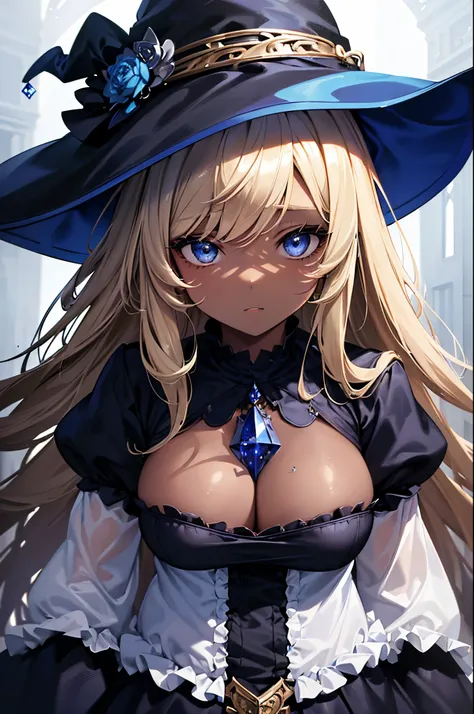 (Masterpiece, Best quality, ultra high resolution),1girl, dark brown skin, blonde hair, large breasts, witch outfit, witch hat, beautiful and detailed face, detailed eyes, the girl is facing the camera bust and up only with a neutral look on her face ((gra...