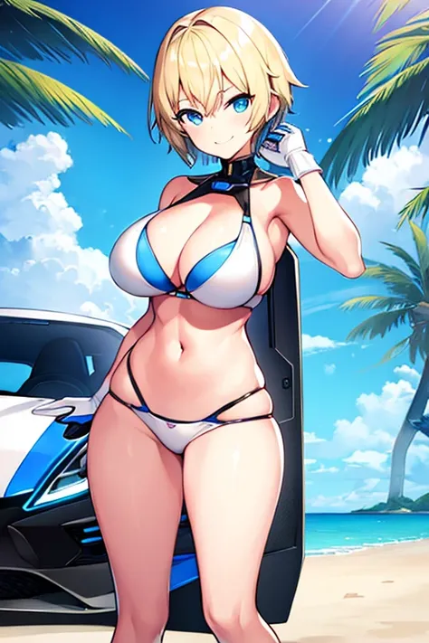 1girl, tomboy, breasts, large breasts, wide hips, blonde hair, beach, futuristic, tech, science-fiction, machinery, smile, smirk, smug, bikini, white bikini, neon, neon trim, blue eyes, very short hair, short hair, pixie cut, blue neon trim, blue trim