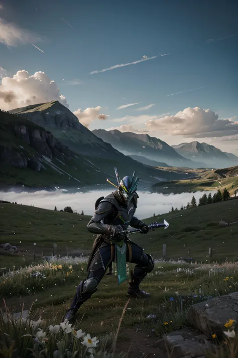 1 Warframe, Excalibur Umbra, Fighting stance, Mountain landscape, Clouds, Green Field, Daytime, Fighting goblins, with a Katana