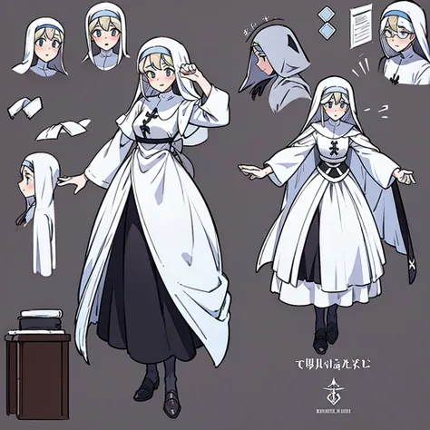 Mature sister，white color hair，Dressed in nun clothes，concept-art，concept art of character，Character sketches，reference sheet，Role table，（simplebackground，white backgrounid： 1.3)