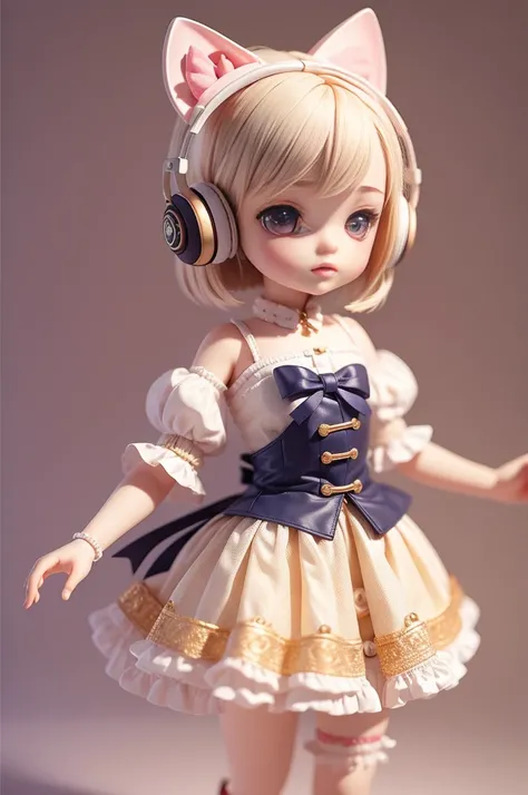 Super cute BJD doll，Genuine fabric，real hair，Short hair details，Two-headed body，Wear ear headphones for cats.，It has a long tail like a cat.，There is a bow tied around the tail.，Medium composition throughout