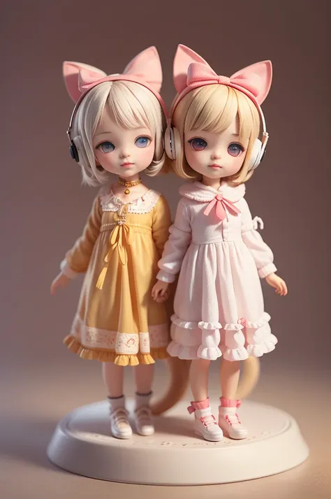 Super cute BJD doll，Genuine fabric，real hair，Short hair details，Two-headed body，Wear ear headphones for cats.，It has a long tail like a cat.，There is a bow tied around the tail.，Medium composition throughout