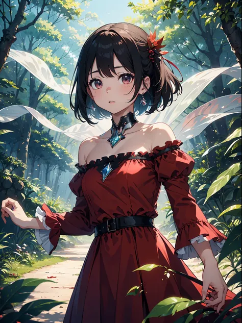 (​masterpiece, top-quality, supreme, Official Art, Beautifully Aesthetic, long exposure time: 1.2), Smooth movement, Charming Patterns, one girls, (long dress with ruffled sleeves: 1.3), (((Red clothes))), upper body closeup, bare shoulders​, little ukrain...