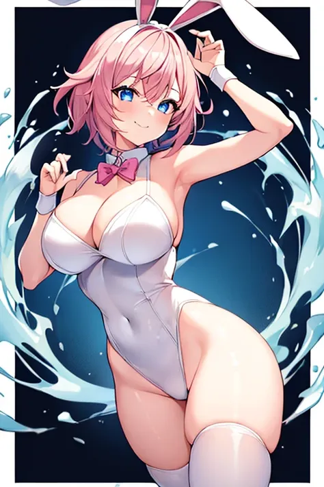 1girl, pink hair, very short hair, large breasts, breasts, wide hips, thick thighs, eula /(genshin impact), Eula /(Genshin Impact/), short hair, bunny ears, rabbit ears, fake animal ears, white bunnysuit, bunnysuit, black shorts, shorts, smile, light smile...