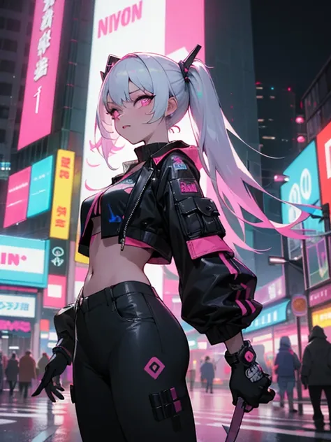 masutepiece, Best Quality, Confident cyberpunk girl, Cowboy Shot, Pop costumes inspired by Harajuku, Bold colors and patterns,ninjartist, Knives,Eye-catching accessories, Trendy and innovative hairstyles, Bright makeup, Cyberpunk dazzling cityscape, Skyscr...