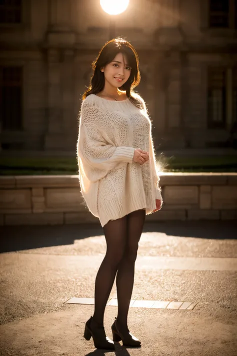 ulzzang -6500-v1.1, (Raw photo:1.2), (Photorealsitic), beautiful detailed women, (Real: 1.4), extremely detailed eye and face, beatiful detailed eyes, ((A very beautiful illumination square at night:1.5)), (( midwinter sweater:1.3, Ultra-realistic pantyhos...