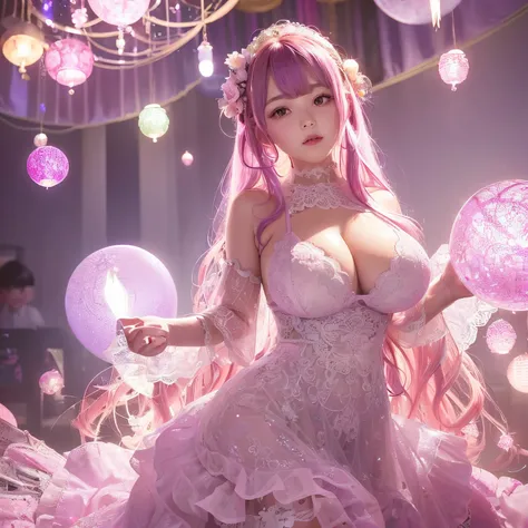 The upper part of the body、one girls、i have purple hair color、Two-tone、(Pink Highlight Hair、Curly hair/floral hair band、very Bigger breasts、gorgeous white lace long dress(The flashy pink floral lace is the highlight)Holding a shining wand..、Shining magic c...