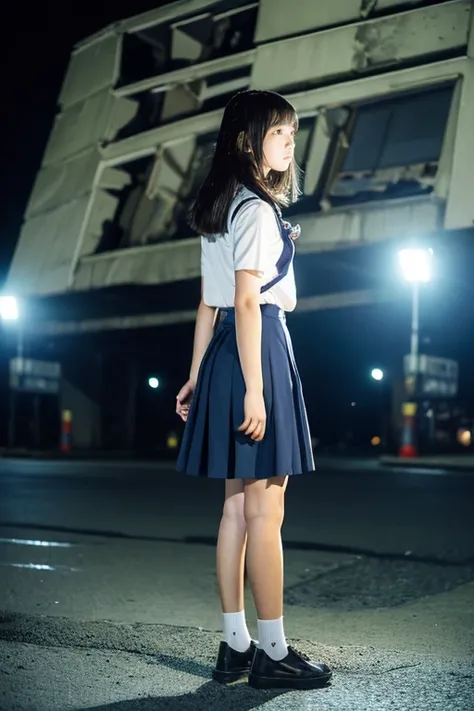 ((Inside a broken concrete building))、((Beautiful japanese girl))、a beauty girl、Cute same school uniform、Same sailor suit、18year old、bangla hair straight short hair, Height 170cm、8th class、Tough expression、(glares)、(Angry look)、((Long skirt to hide the kne...