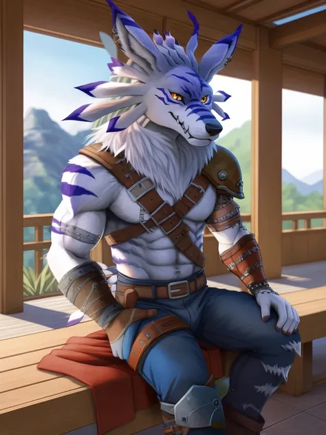 (Masterpiece, best quality, unreal engine:1.2), furry, male, sitting on the corridor by the window of a Japanese - style villa, hand on knee, mountains in the distance, wind chimes, midsummer, expressive, male focuokeh:1.3), depth of field,(weregarurumon:1...